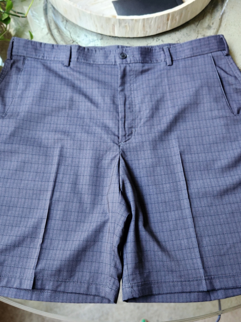 Mens Golf Shorts Slate Blue Gray Windowpane Plaid Flat Front Athletic Performanc